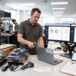 IT asset management specialist scanning laptops and tracking hardware inventory using asset management software.