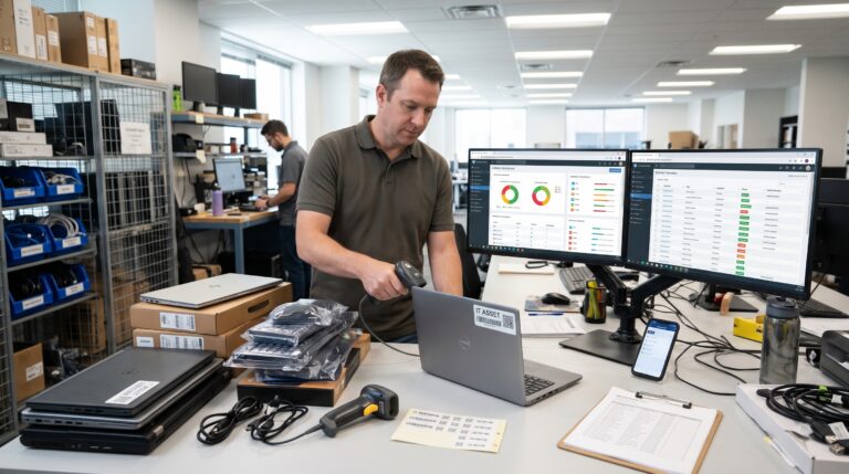 IT asset management specialist scanning laptops and tracking hardware inventory using asset management software.