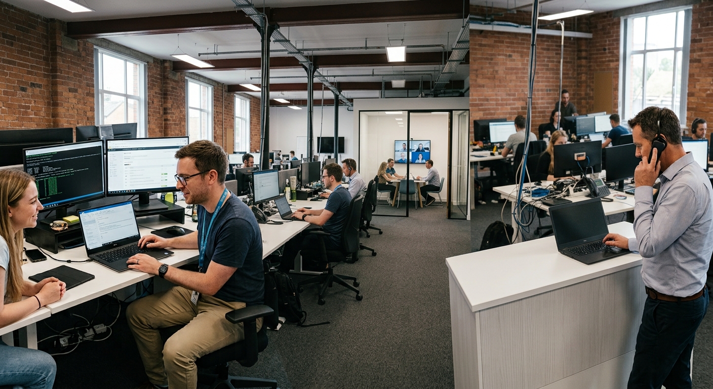 IT support team helping employees in a small business office