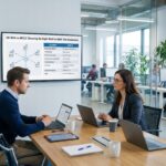 Business professionals comparing SD-WAN and MPLS network solutions in an office meeting.
