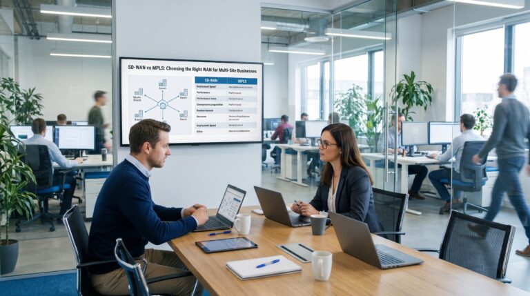 Business professionals comparing SD-WAN and MPLS network solutions in an office meeting.