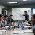 IT team reviewing a disaster recovery plan during a recovery exercise.