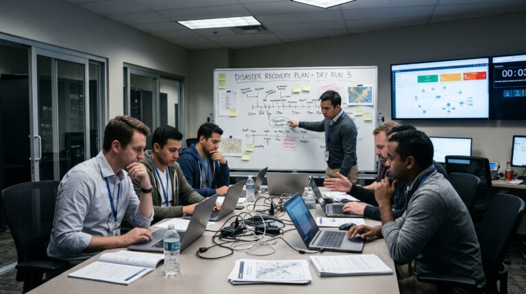 IT team reviewing a disaster recovery plan during a recovery exercise.