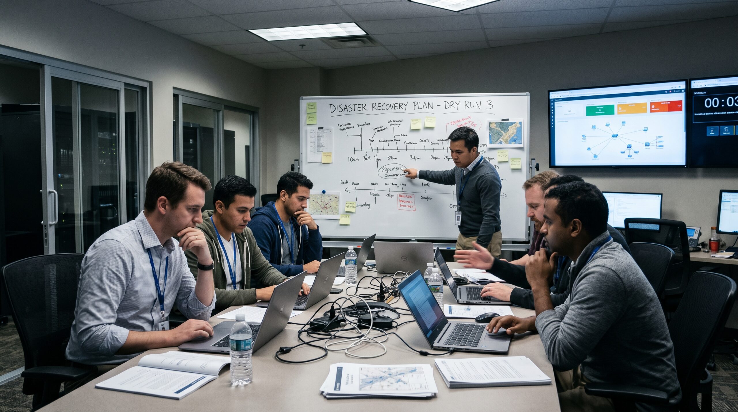 IT team reviewing a disaster recovery plan during a recovery exercise.
