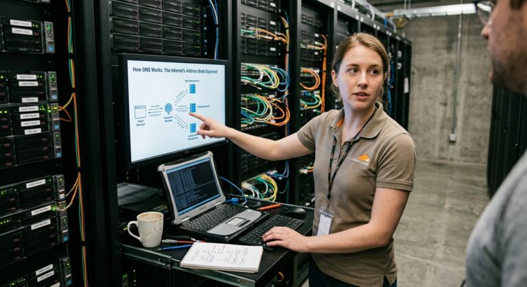 Network engineer explaining how DNS works using a server infrastructure diagram