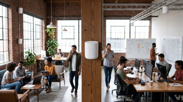 Mesh WiFi devices providing wireless connectivity in a modern business office