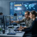 IT professionals using network monitoring tools to analyze network performance and detect issues.