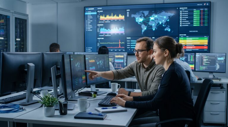 IT professionals using network monitoring tools to analyze network performance and detect issues.