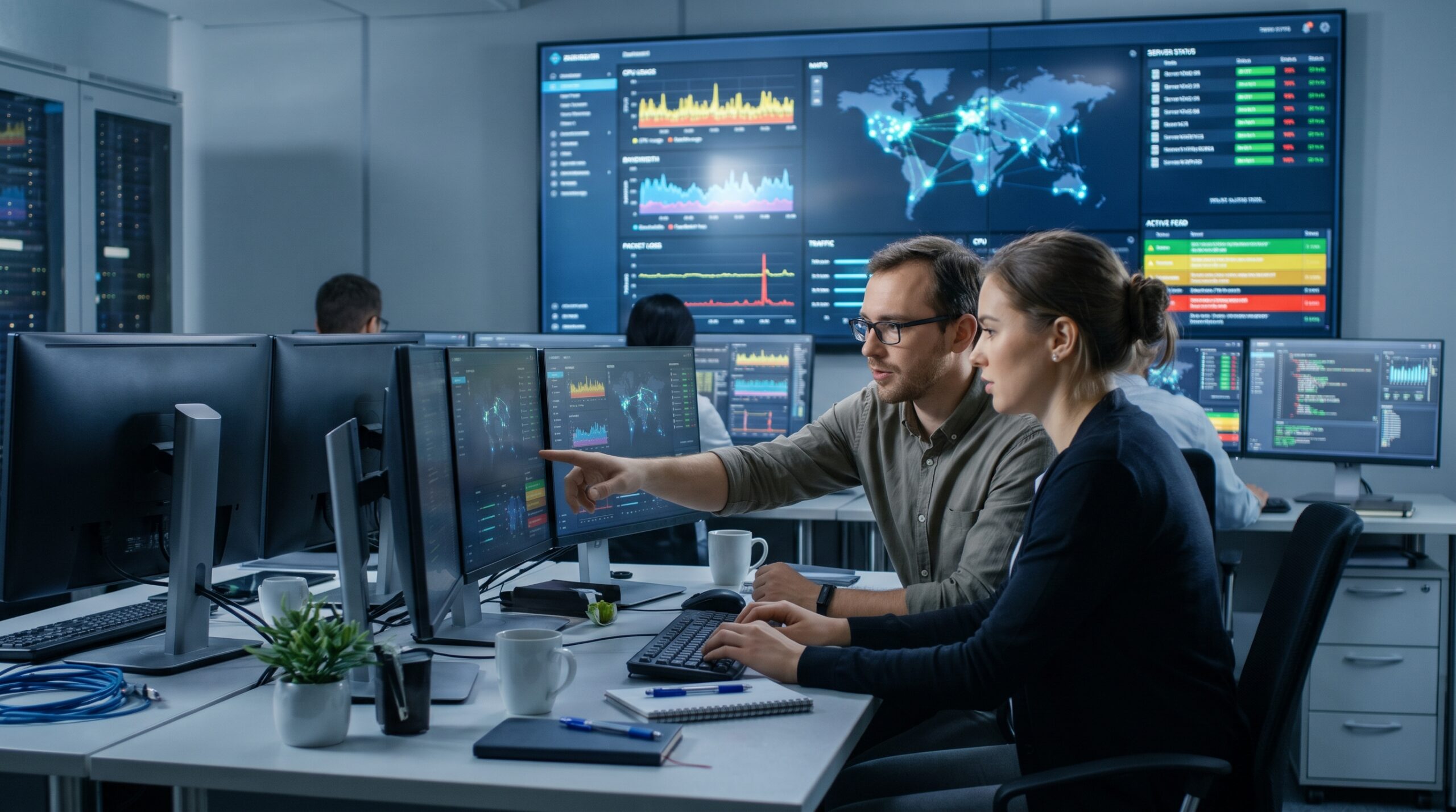 IT professionals using network monitoring tools to analyze network performance and detect issues.