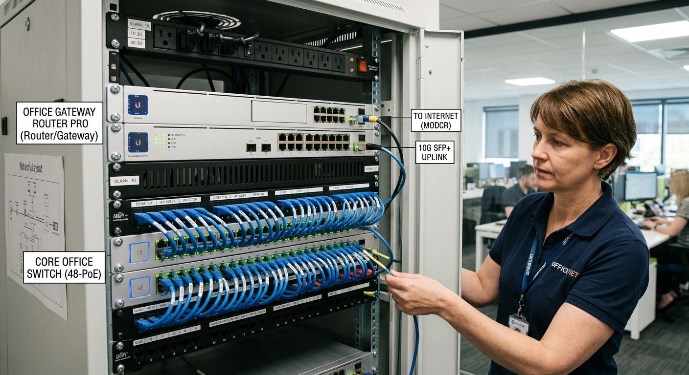 Network engineer configuring an office router and network switch