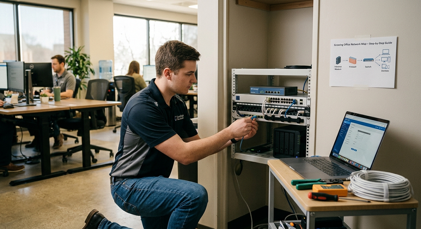 Network engineer setting up a small business office network with switches and cabling