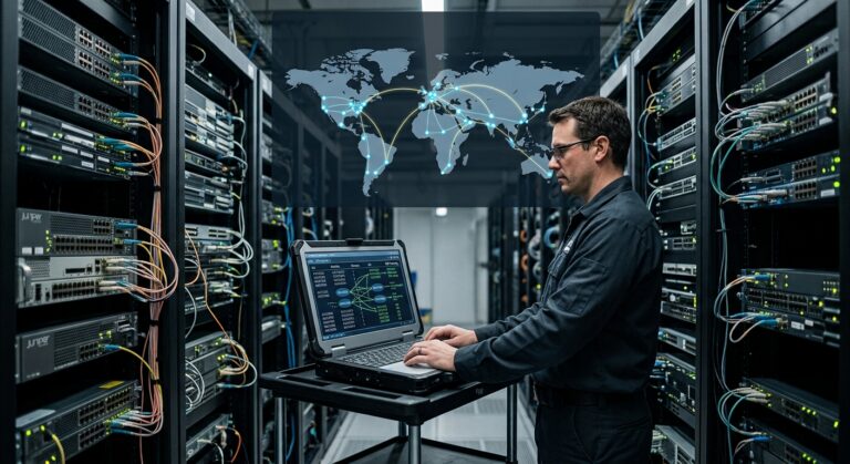 Network engineer explaining BGP internet routing between global network servers