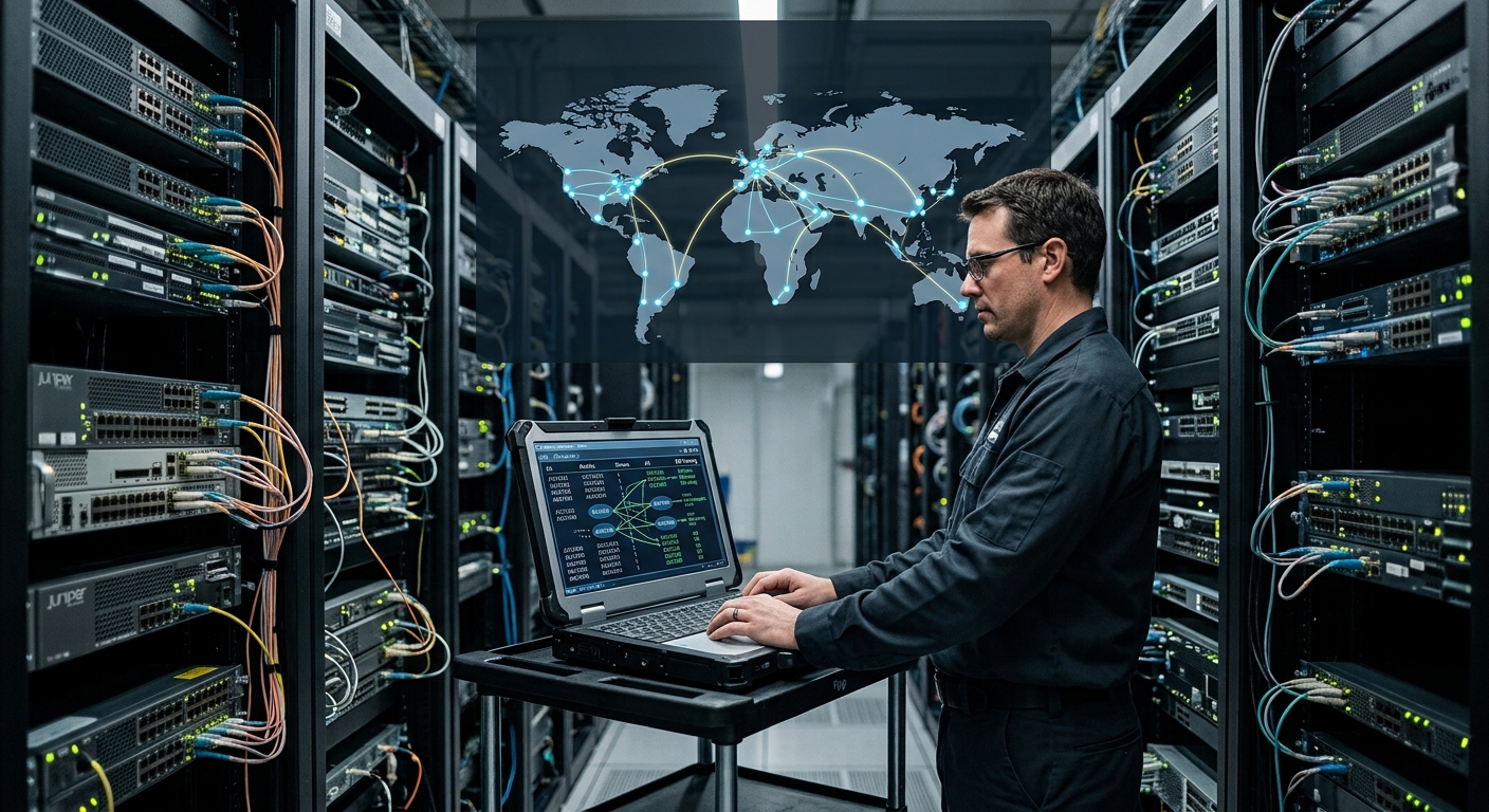 Network engineer explaining BGP internet routing between global network servers