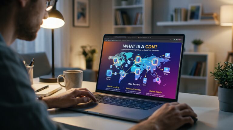 Person viewing a content delivery network (CDN) diagram showing global servers and faster website loading.