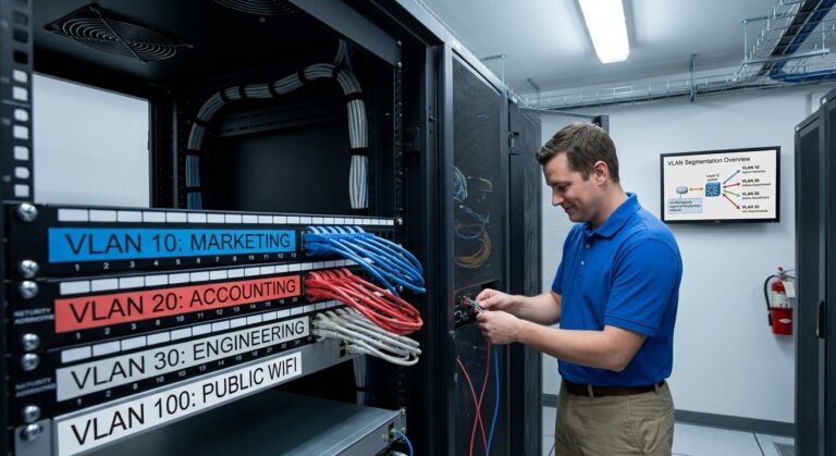 Network engineer configuring VLAN segmentation for a business network