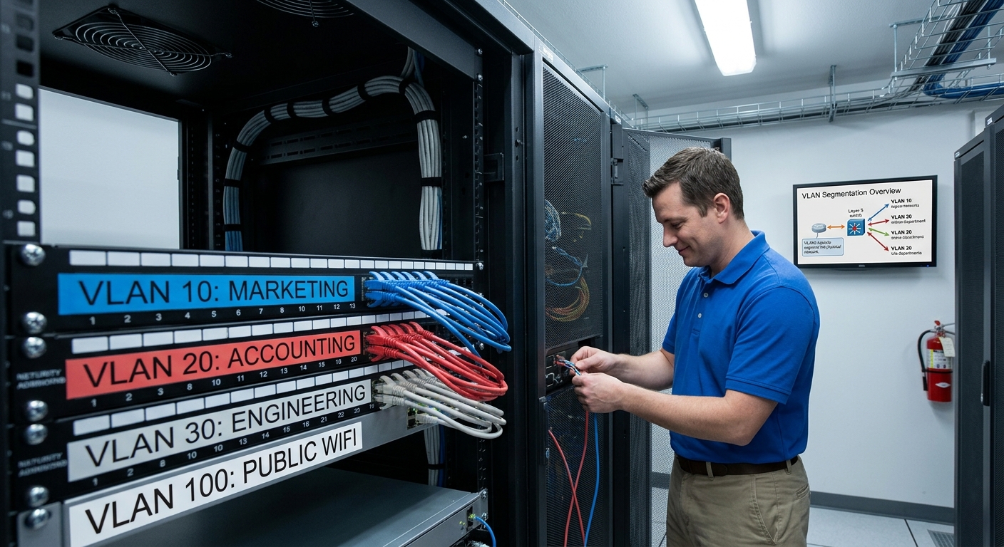 Network engineer configuring VLAN segmentation for a business network